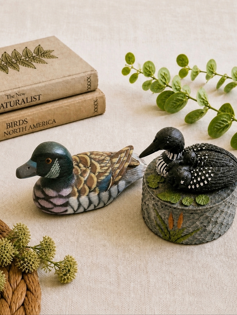 Hand Carved Duck & Loon Box Set Cabin Decor